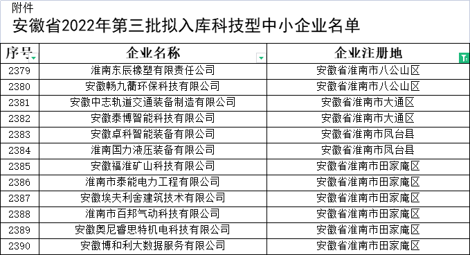 淮南市科技型中小企业名单